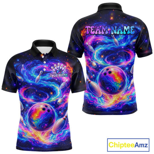 Colorful bowling-themed polo shirt with 'Team Name' and 'Your Name' text on a white background.