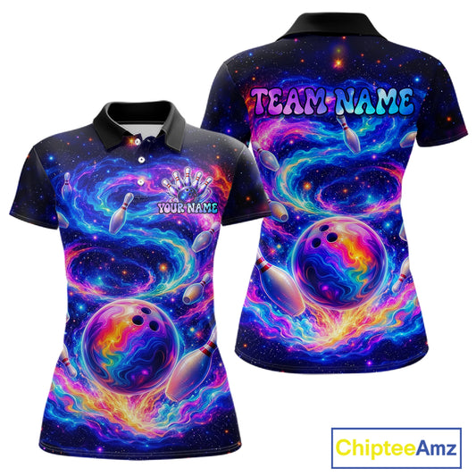 Colorful bowling-themed polo shirt with 'Team Name' and 'Your Name' text on a white background.