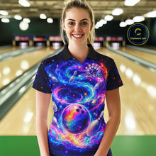 Load image into Gallery viewer, Person wearing a colorful bowling shirt with a bowling alley in the background