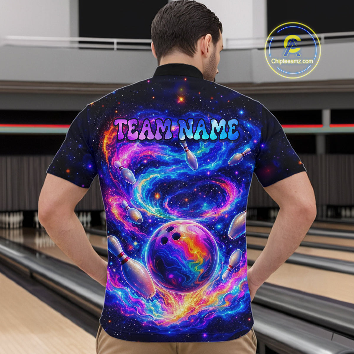 Person wearing a colorful bowling shirt with 'TEAM NAME' text in a bowling alley.