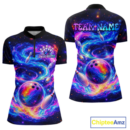 Colorful bowling-themed shirts with space design and 'Chiptee Amz' branding.