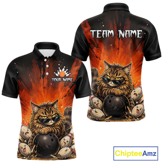 Polo shirt with a cat bowling design on the front and back, featuring 'Team Name' text.