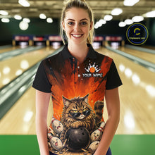 Load image into Gallery viewer, Person wearing a bowling-themed shirt with a cat design in a bowling alley.