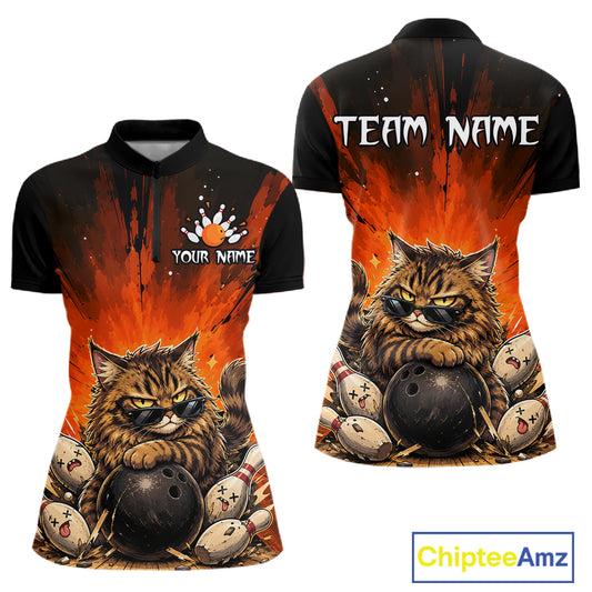 Bowling jersey with a cat holding a bowling ball design on a white background