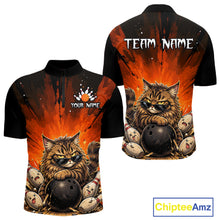 Load image into Gallery viewer, Bowling shirt with a cat design and customizable text on a white background