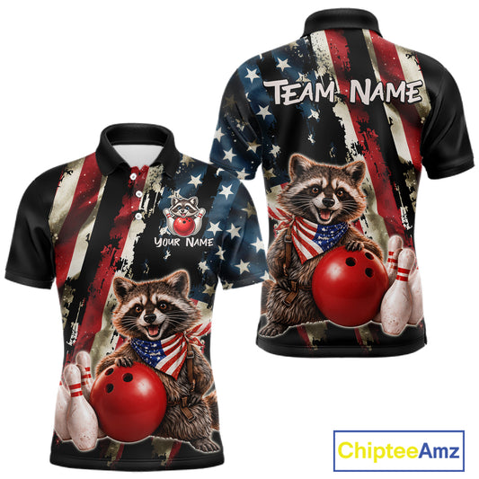 Polo shirt with raccoon design and American flag pattern, featuring 'Chiptee Amz' branding.