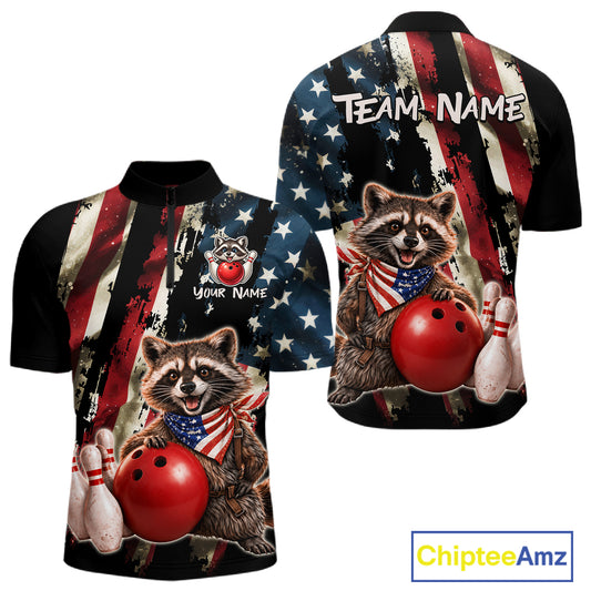 Bowling jersey with raccoon design and American flag pattern, featuring 'Chiptee Amz' branding.