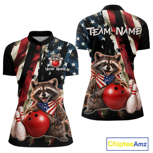 Bowling shirt with raccoon design, American flag, and 'Team Name' text on a white background.