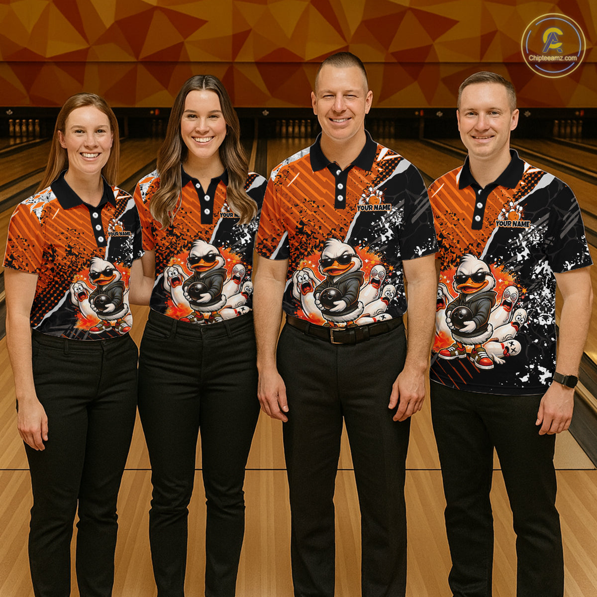 Custom Orange Funny Duck Bowling Team Shirt for Women Bowling League Jersey Polo & Quarter-Zip QZT895