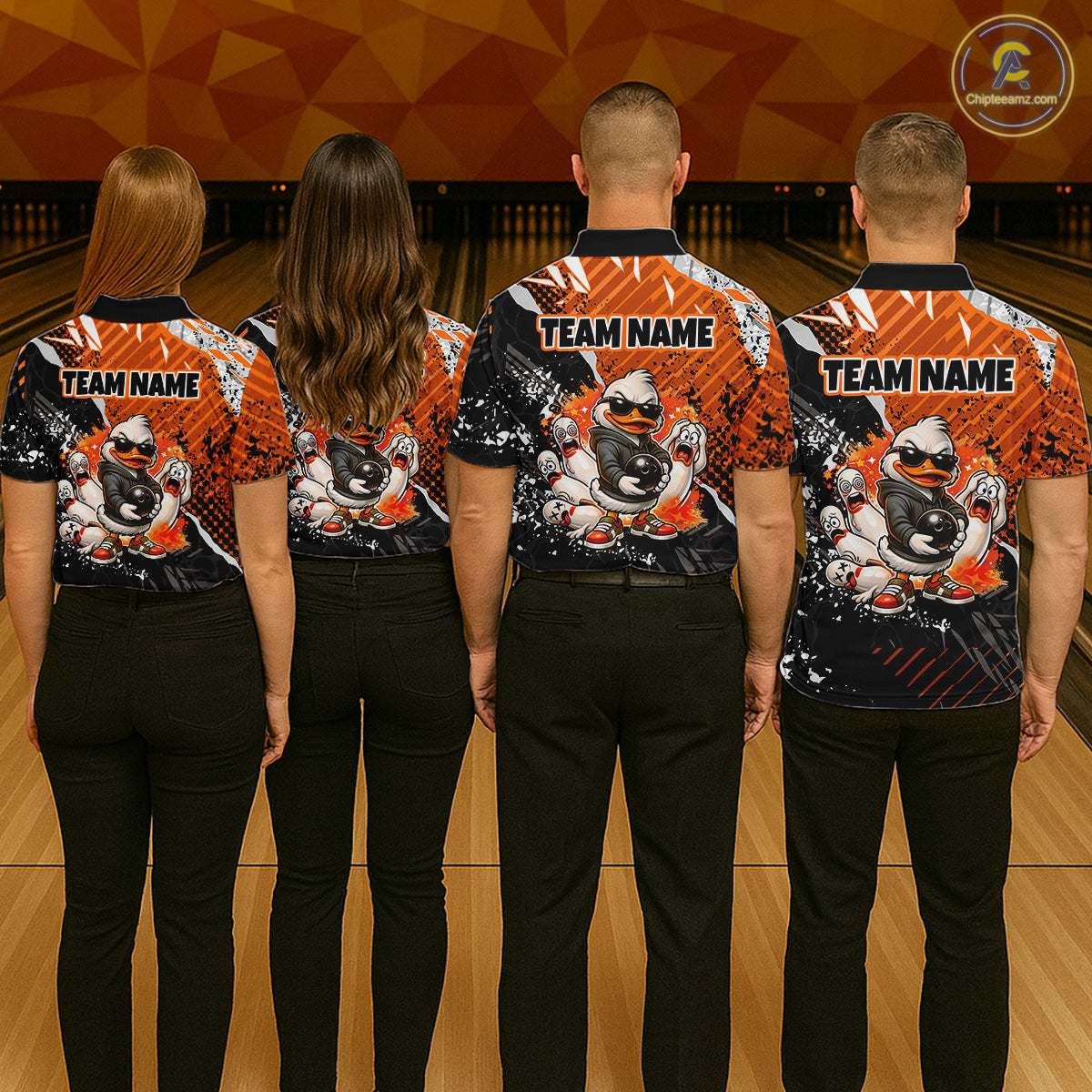 Custom Orange Funny Duck Bowling Team Shirt for Women Bowling League Jersey Polo & Quarter-Zip QZT895