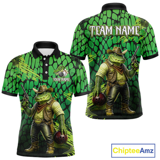 Funny Green Cowboy Alliagator Bowling Shirt for Men Custom Bowling Team Jersey Polo & 1/4-Zip Bowling Outfit QZT1012