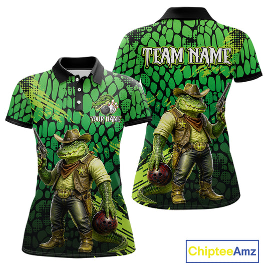 Funny Green Cowboy Alliagator Bowling Shirt for Women Custom Bowling Team Jersey Polo & 1/4-Zip Bowling Outfit QZT1012