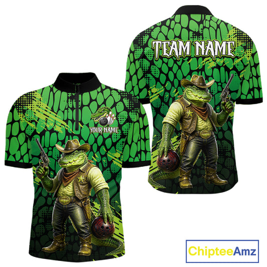 Funny Green Cowboy Alliagator Bowling Shirt for Men Custom Bowling Team Jersey Polo & 1/4-Zip Bowling Outfit QZT1012