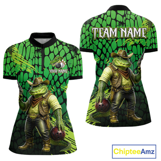 Funny Green Cowboy Alliagator Bowling Shirt for Women Custom Bowling Team Jersey Polo & 1/4-Zip Bowling Outfit QZT1012