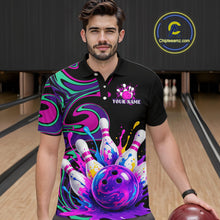 Load image into Gallery viewer, Man wearing a custom bowling-themed shirt with colorful design and bowling ball, standing in a bowling alley.