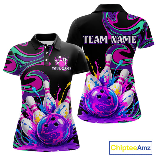 Colorful polo shirt with bowling design and customizable text on a white background