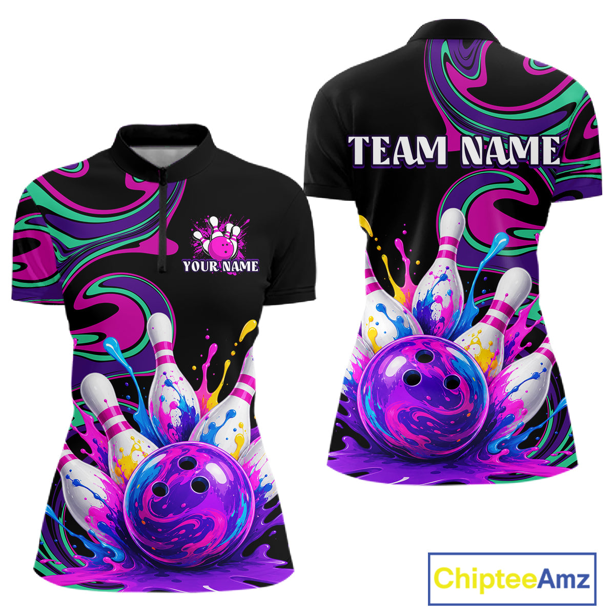 Bowling-themed shirt with colorful design and 'Team Name' text on a white background