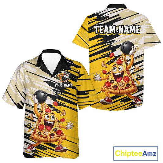 Two bowling shirts with a pizza character design and 'Chiptee Amz' branding.