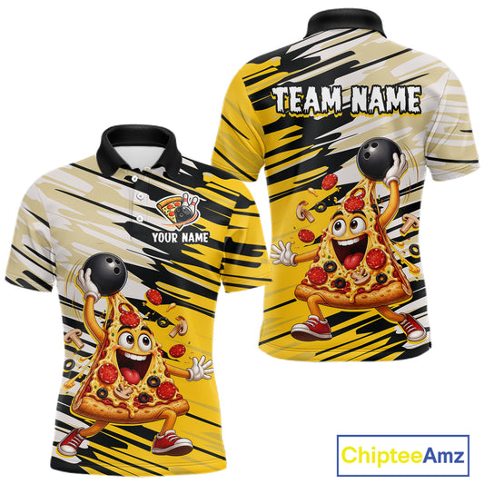 Customizable polo shirt with cartoon pizza design and 'Team Name' text on a white background.