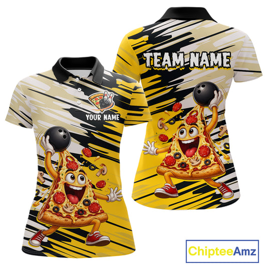 Colorful bowling shirt with pizza design and customizable text on a white background