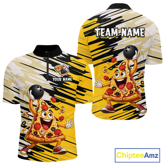 Yellow and black bowling jersey with cartoon pizza design and 'Team Name' text on a white background.