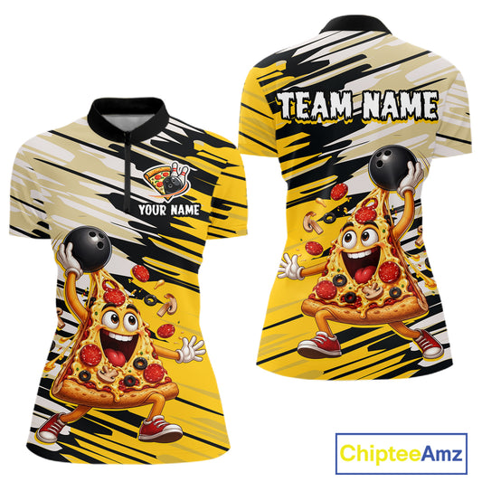 Two view of bowling shirts with a cartoon pizza character and customizable text on a white background. Brand 'Chiptee Amz' visible.