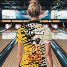 Load image into Gallery viewer, Person wearing a colorful bowling shirt with a pizza character design in a bowling alley.