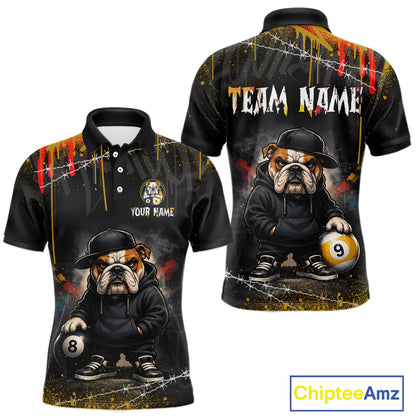 Front and back views of a custom black polo shirt featuring a cartoon bulldog in a black hoodie and hat holding pool balls, with 'YOUR NAME' and 'TEAM NAME' text on a white background.