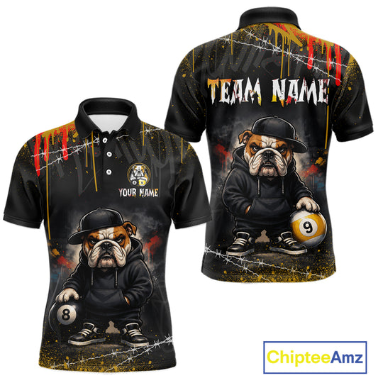 Front and back views of a custom black polo shirt featuring a cartoon bulldog in a black hoodie and hat holding pool balls, with 'YOUR NAME' and 'TEAM NAME' text on a white background.