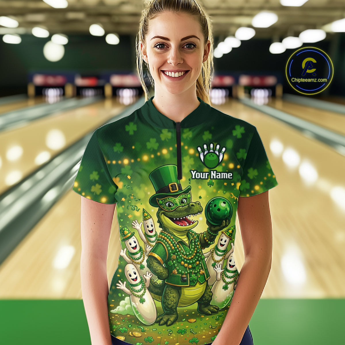 Custom Green Funny Alligator Bowling Shirt Samrock Pattern Bowling St. Patrick's Day for Women QZT935
