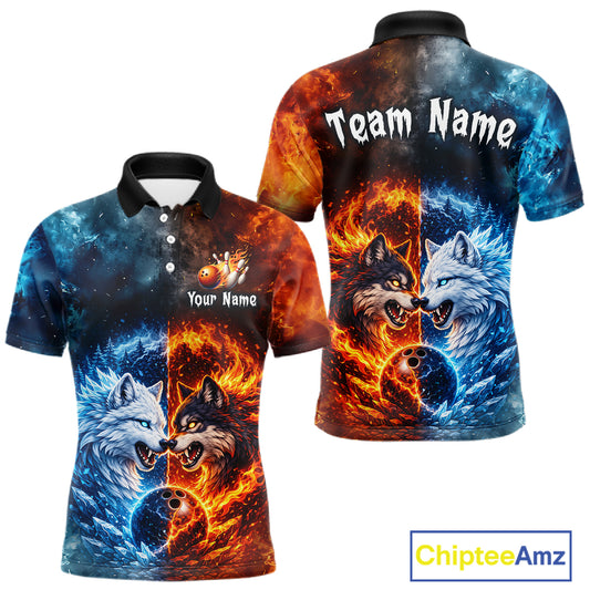 Fire and Ice Wolf Bowling Team Shirt Custom Bowling League Jersey for Men Bowling Polo & 1/4-Zip QZT937