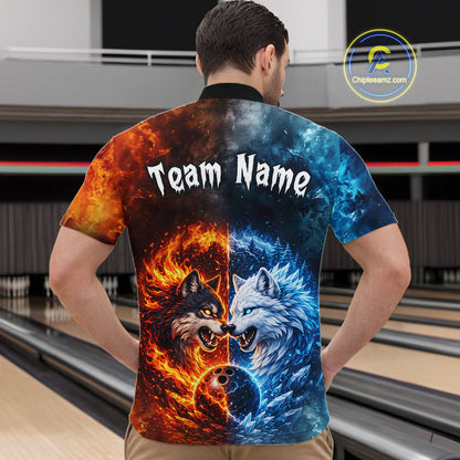 Fire and Ice Wolf Bowling Team Shirt Custom Bowling League Jersey for Men Bowling Polo & 1/4-Zip QZT937