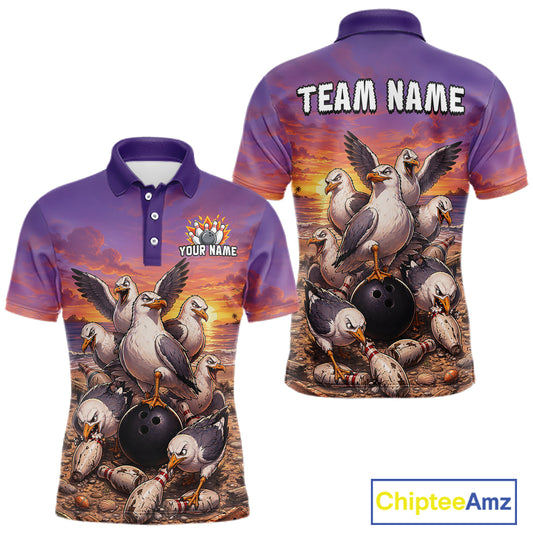 Custom Sunset Funny Gull Team Bowling Shirt for Men Bowling League Jersey Polo & Quarter-Zip QZT1017