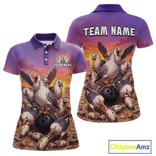 Custom Sunset Funny Gull Team Bowling Shirt for Women Bowling League Jersey Polo & Quarter-Zip QZT1017