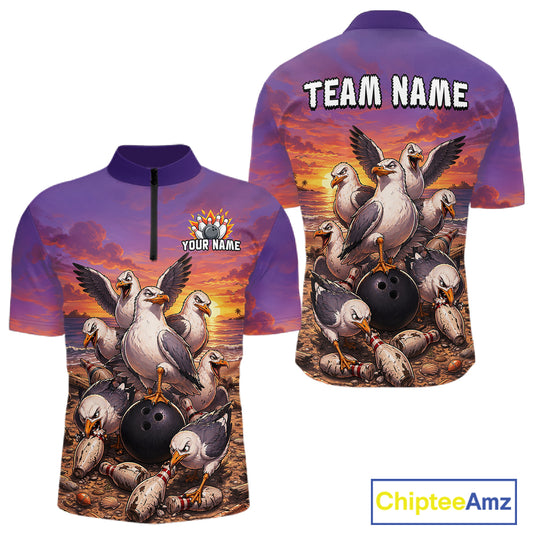 Custom Sunset Funny Gull Team Bowling Shirt for Men Bowling League Jersey Polo & Quarter-Zip QZT1017