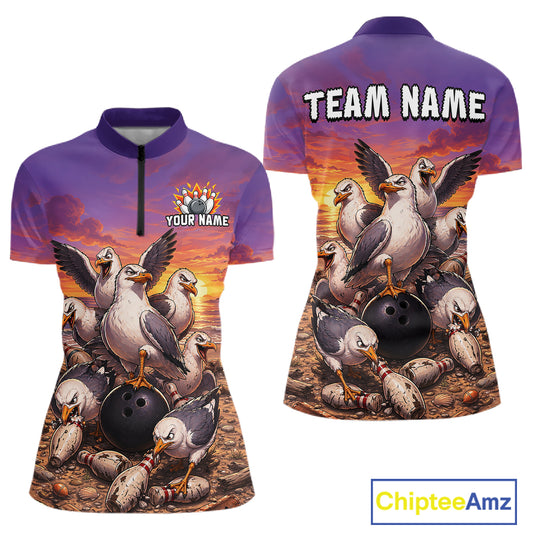 Custom Sunset Funny Gull Team Bowling Shirt for Women Bowling League Jersey Polo & Quarter-Zip QZT1017