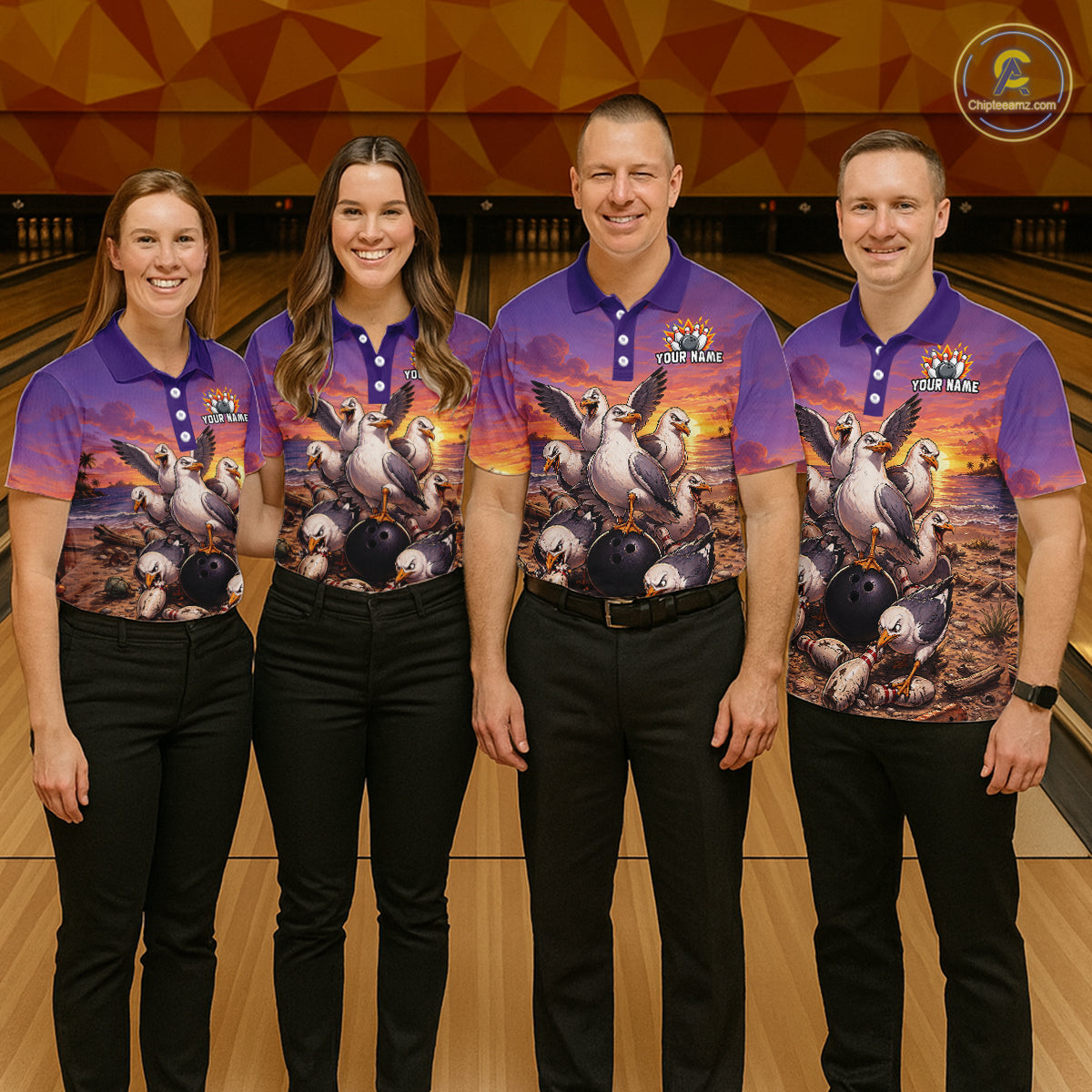Custom Sunset Funny Gull Team Bowling Shirt for Men Bowling League Jersey Polo & Quarter-Zip QZT1017