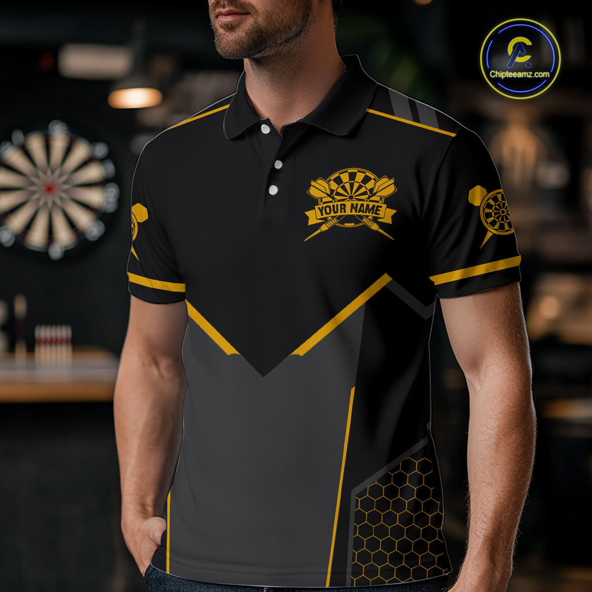 Personalized Yellow Dart Team Shirt for Men Custom Dart Jersey Polo & 1/4-Zip Dartboard Outfit DHT16