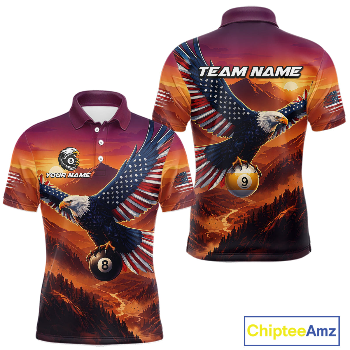 Eagle-themed polo shirt with American flag design and 'Team Name' text on a white background.