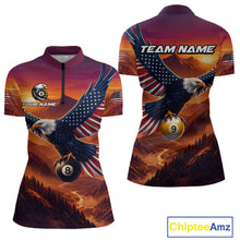 Load image into Gallery viewer, Customizable polo shirt with eagle and billiard ball design, featuring 'Your Name' and 'Team Name' text.