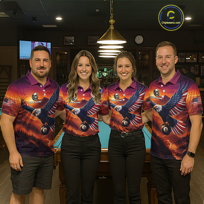 Four people wearing matching sunset eagle billiard shirts in a pool hall.