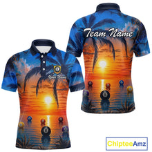 Load image into Gallery viewer, Two views of polo shirts with a tropical sunset design featuring pool balls and palm trees, one with 'Team Name' and 'Your Name' text, the other with 'ChipteeAmz' branding.