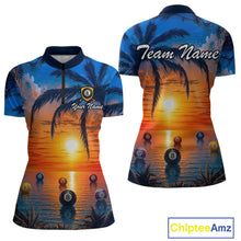 Load image into Gallery viewer, Two views of quarter-zip jerseys with sunset design and pool balls, customizable with 'Team Name' and 'Your Name'. Brand 'Chiptee Amz' visible.