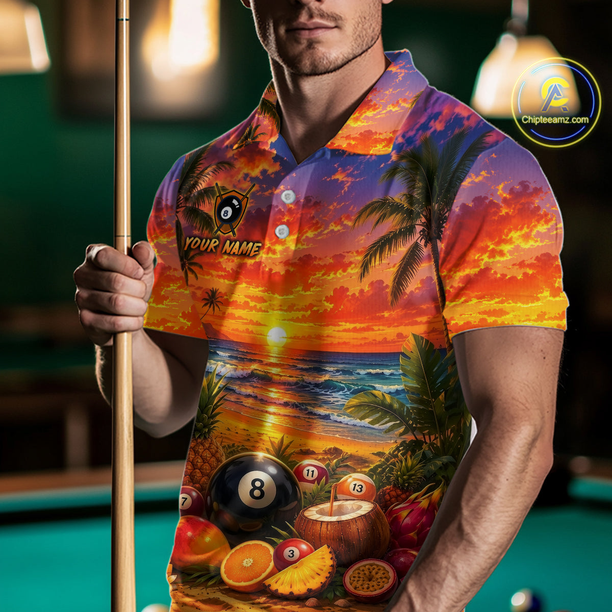 Person wearing a tropical sunset polo shirt with a pool theme and palm trees, holding a pool cue.