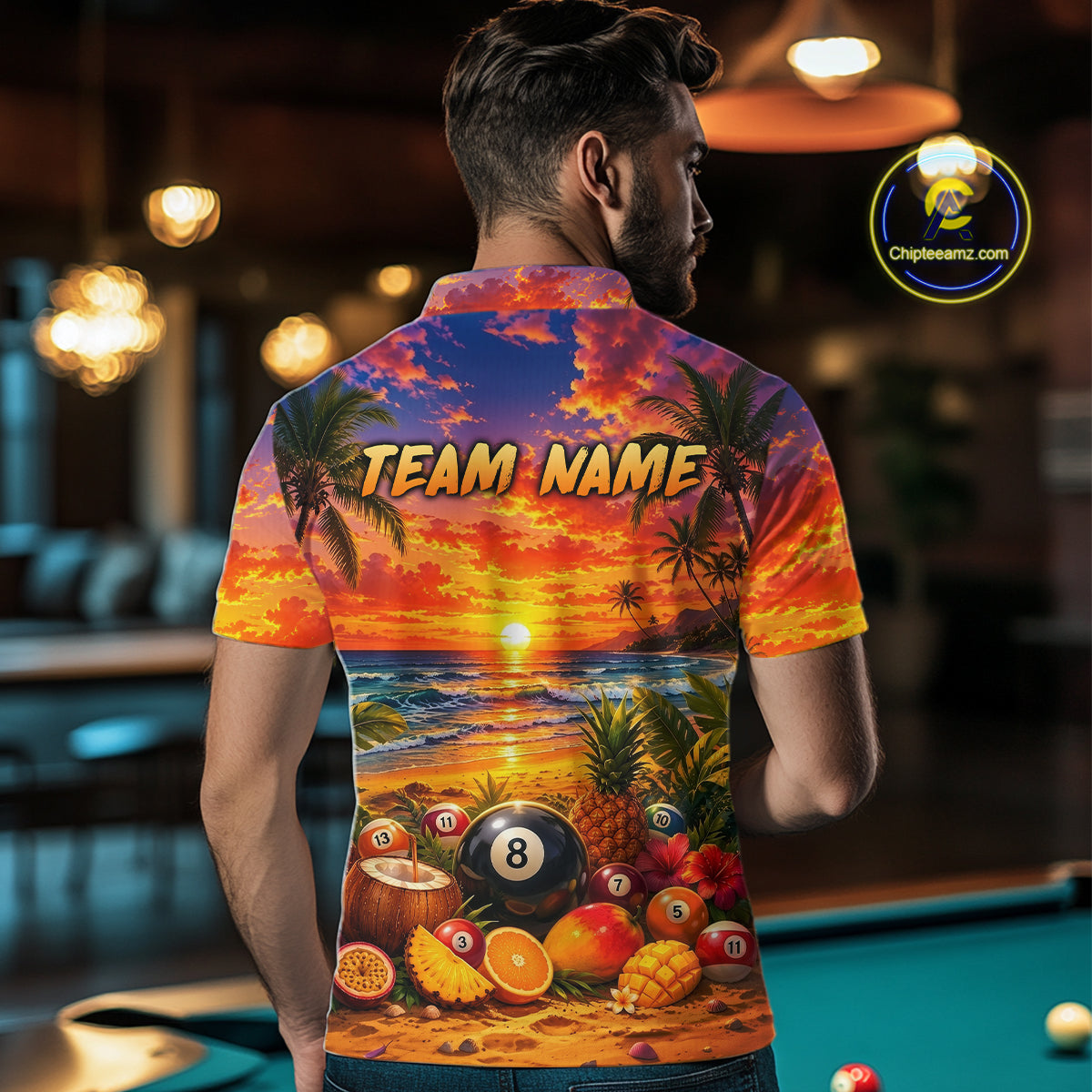 Man wearing a colorful shirt with a tropical design and 'Team Name' text, standing in a pool hall.