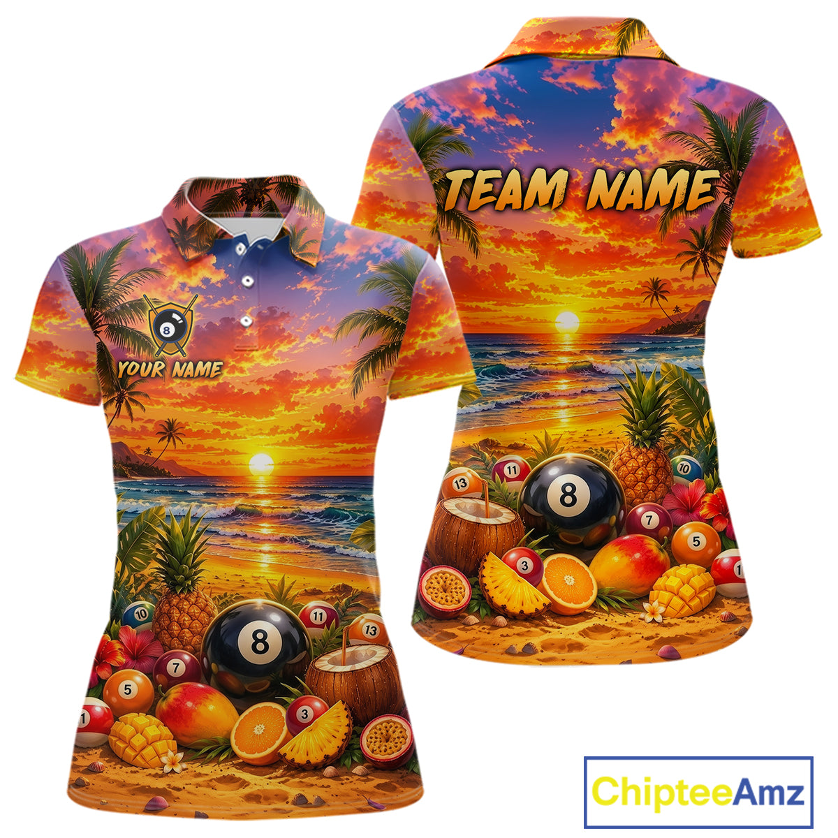 Two views of polo shirts with a tropical design featuring a sunset, palm trees, and pool balls.