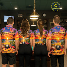 Load image into Gallery viewer, Four people wearing matching colorful shirts with a sunset design and 'Team Name' text in a casual setting.