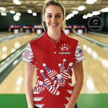Load image into Gallery viewer, Female model wearing a custom red patriotic bowling polo shirt front view featuring American flag bowling pins, bowling ball and stars and stripes artwork at the bowling alley