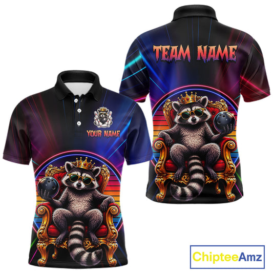 Two views of neon polo shirt with raccoon design and customizable text on a white background