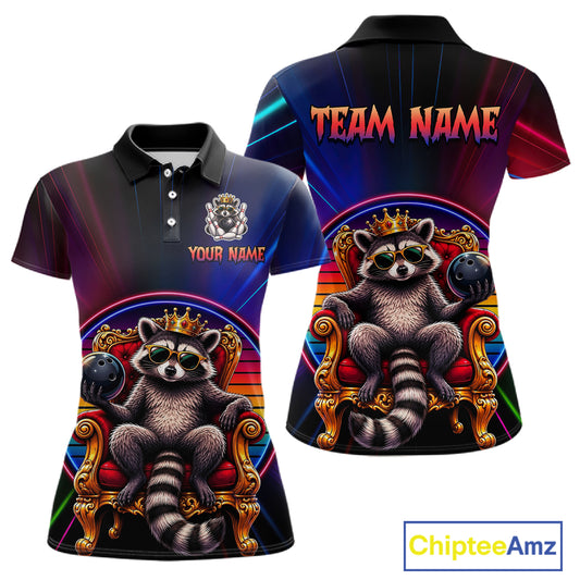 Two views of neon polo shirt with raccoon design and customizable text on a white background